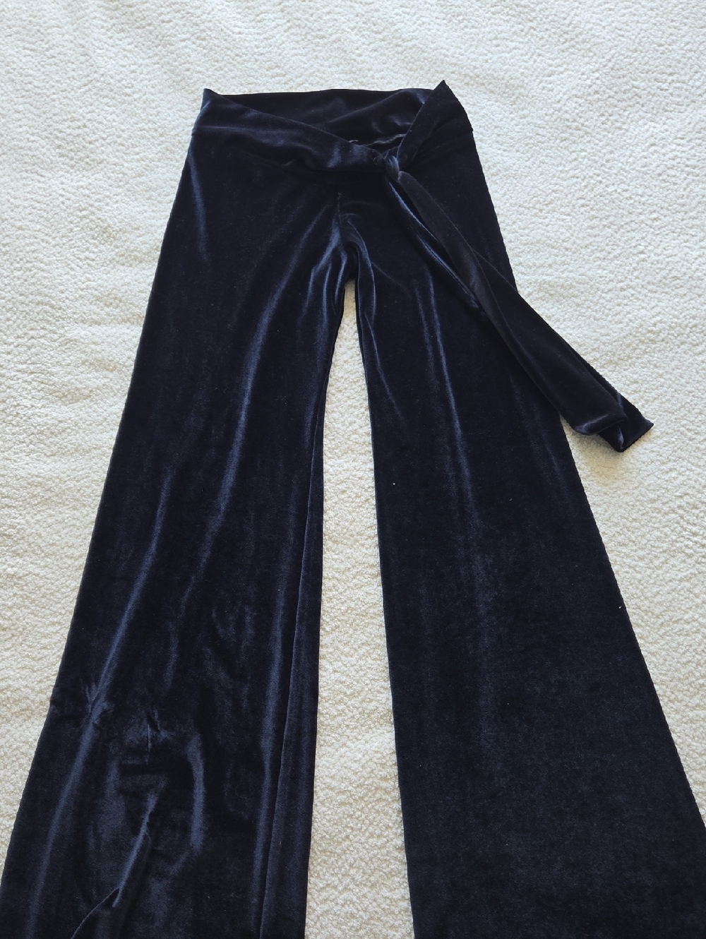 High-Rise Wide Leg Velvet Pants in Black with Self-Tie Waist